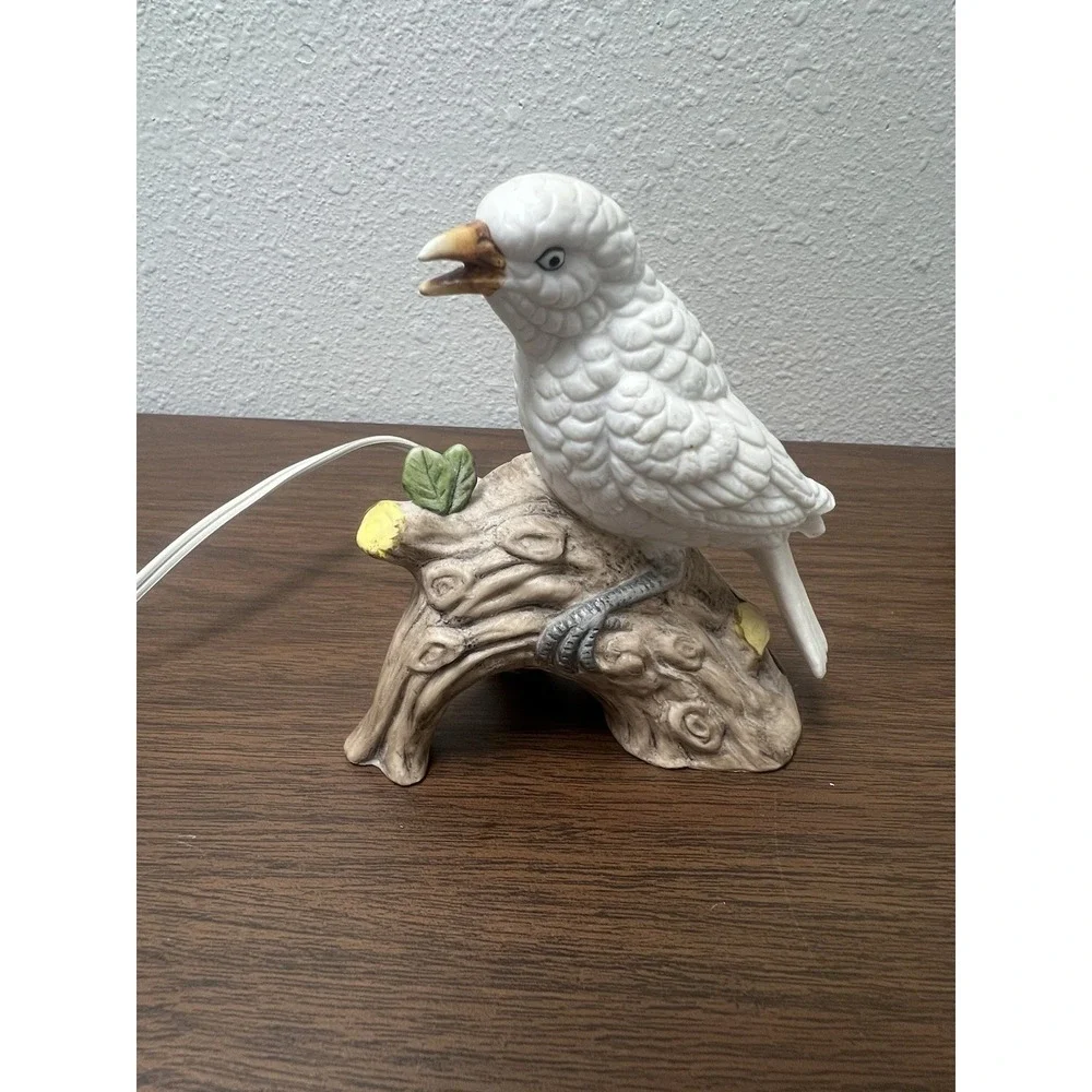 Ceramic Vintage White Bird Perched On Branch Figurine With Light Bulb‎ And Cord